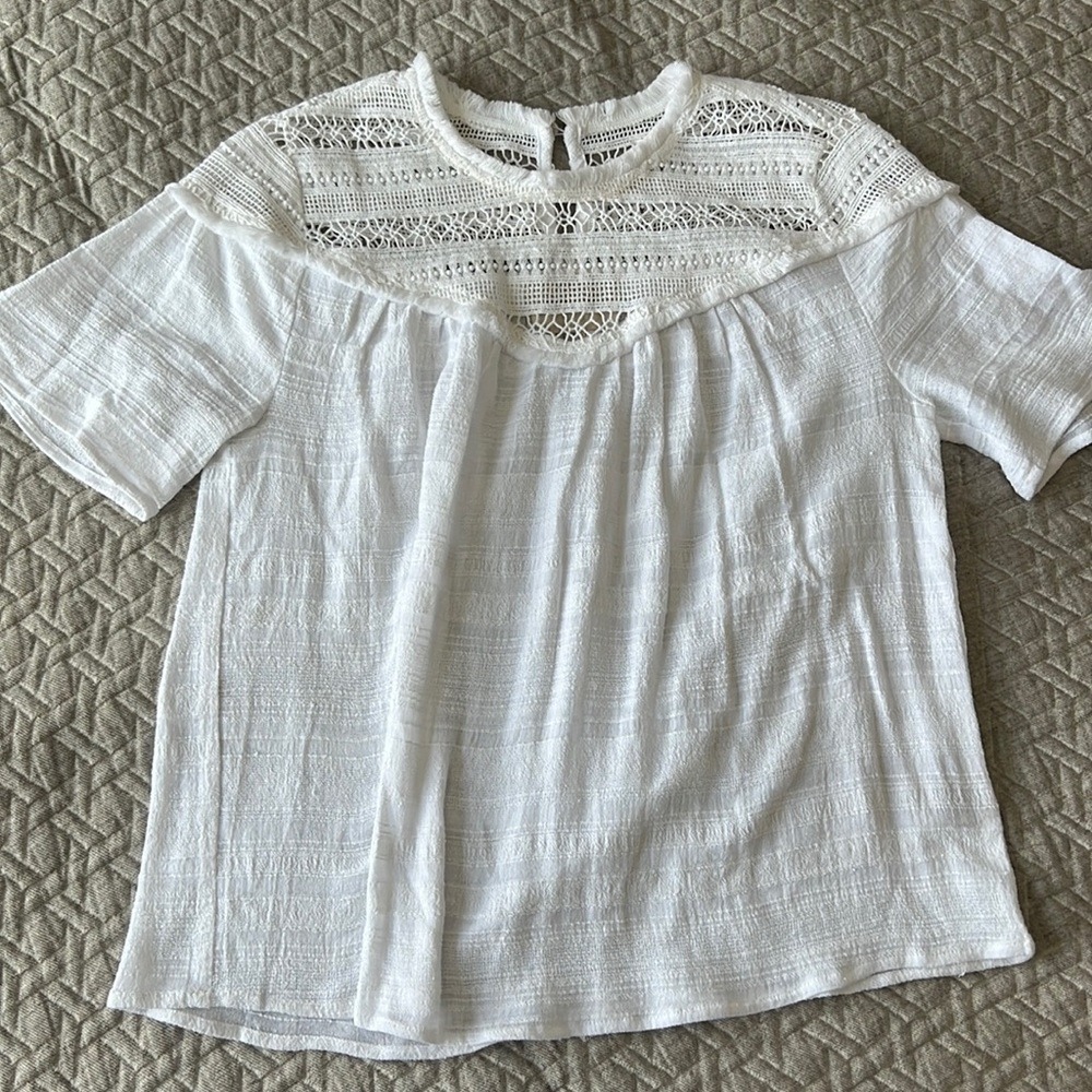 Moon River Blouse Womens Medium White Lace Crochet Yoke Boho Top